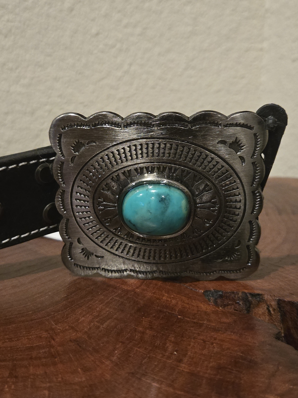 Turquoise Stone Western Belt Buckle - Black Leather Accent